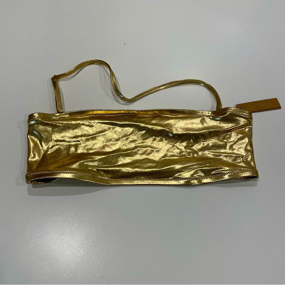NWT METALLIC SWIM BANDEAU BIKINI TOP IN GOLD - Picture 6 of 8
